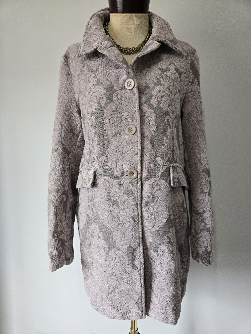 Bailey Tapestry Jacquard Damask Grey And Mauve  Mid-Length Coat - L/G